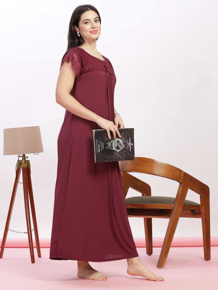 Luxurious Maroon Malai Modal Designer Nighty with Elegant Lace Details