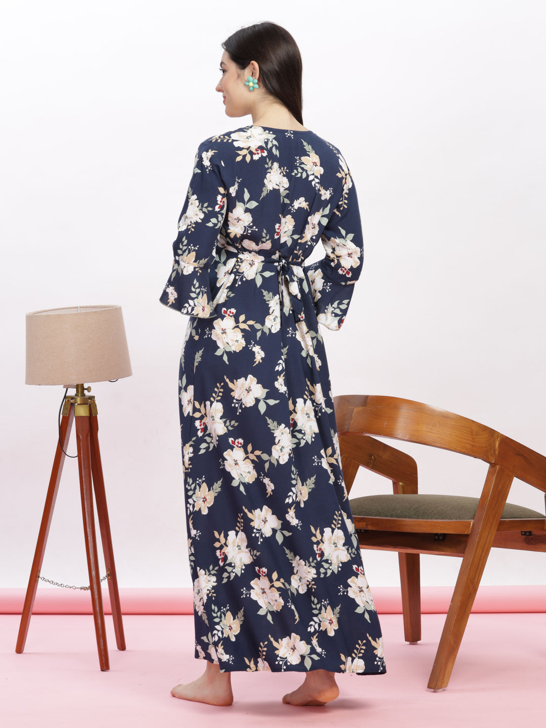 Navy Blue Floral Rayon Nighty Elegant Women's Nightwear