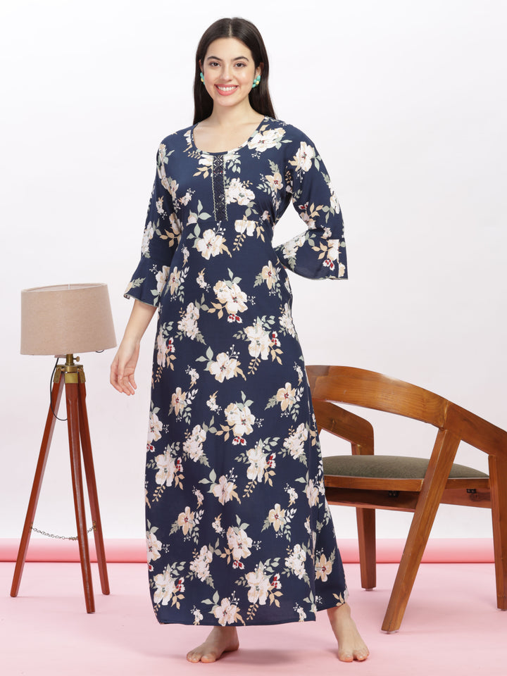 Navy Blue Floral Rayon Nighty Elegant Women's Nightwear