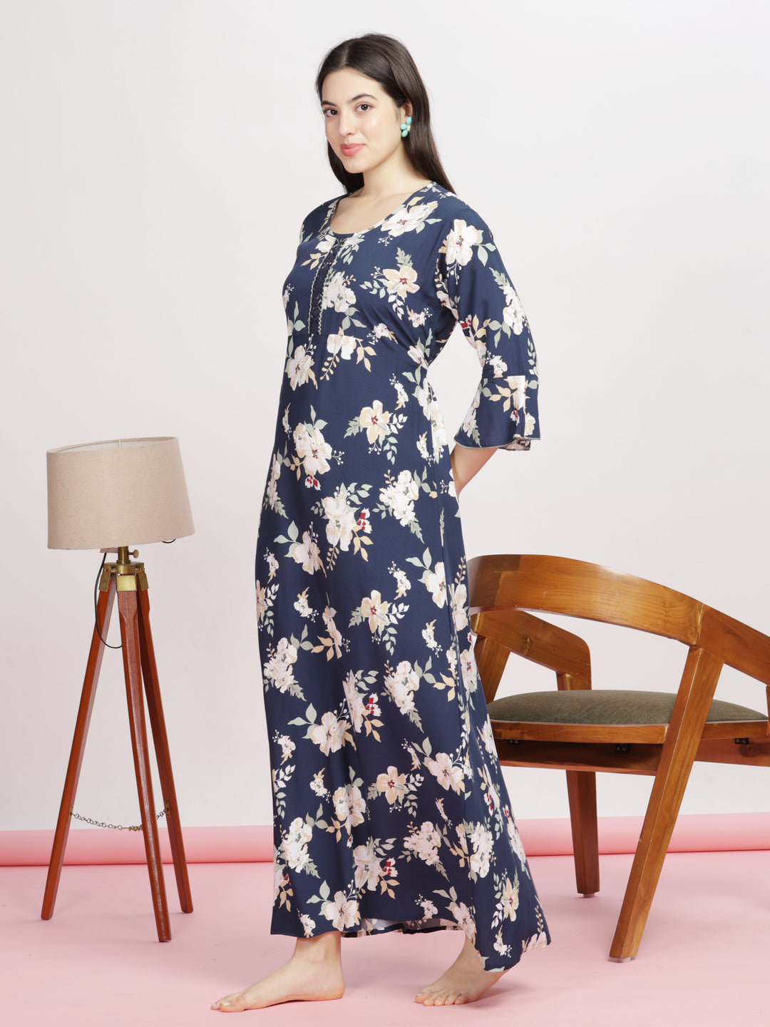 Navy Blue Floral Rayon Nighty Elegant Women's Nightwear