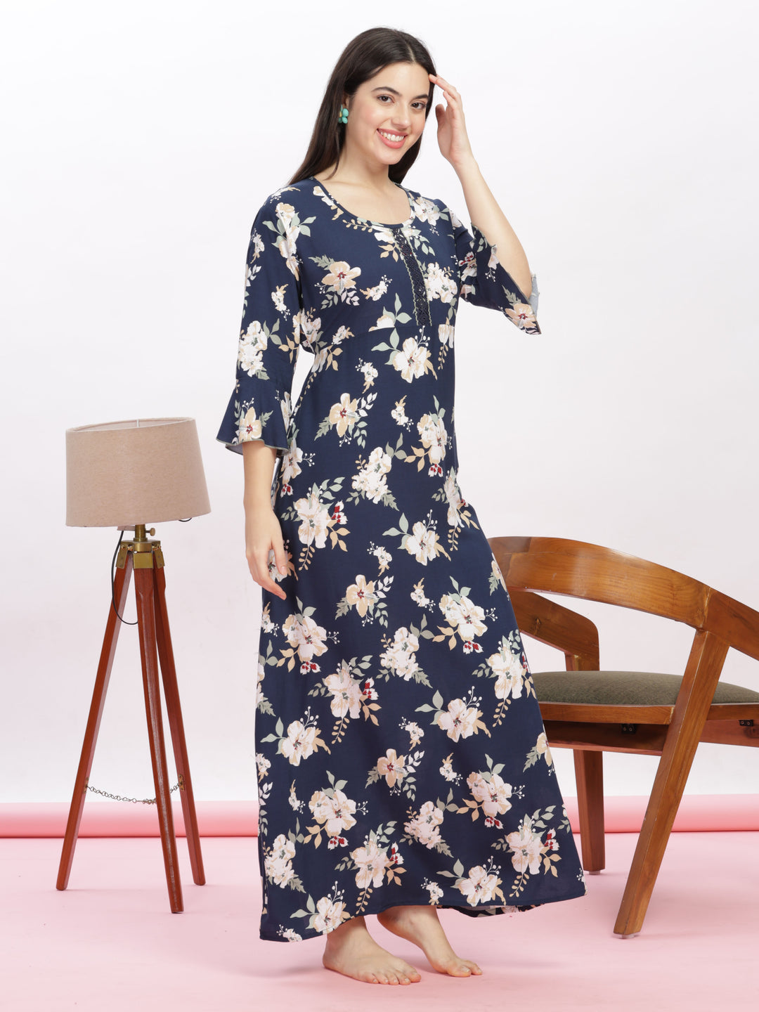 Navy Blue Floral Rayon Nighty Elegant Women's Nightwear