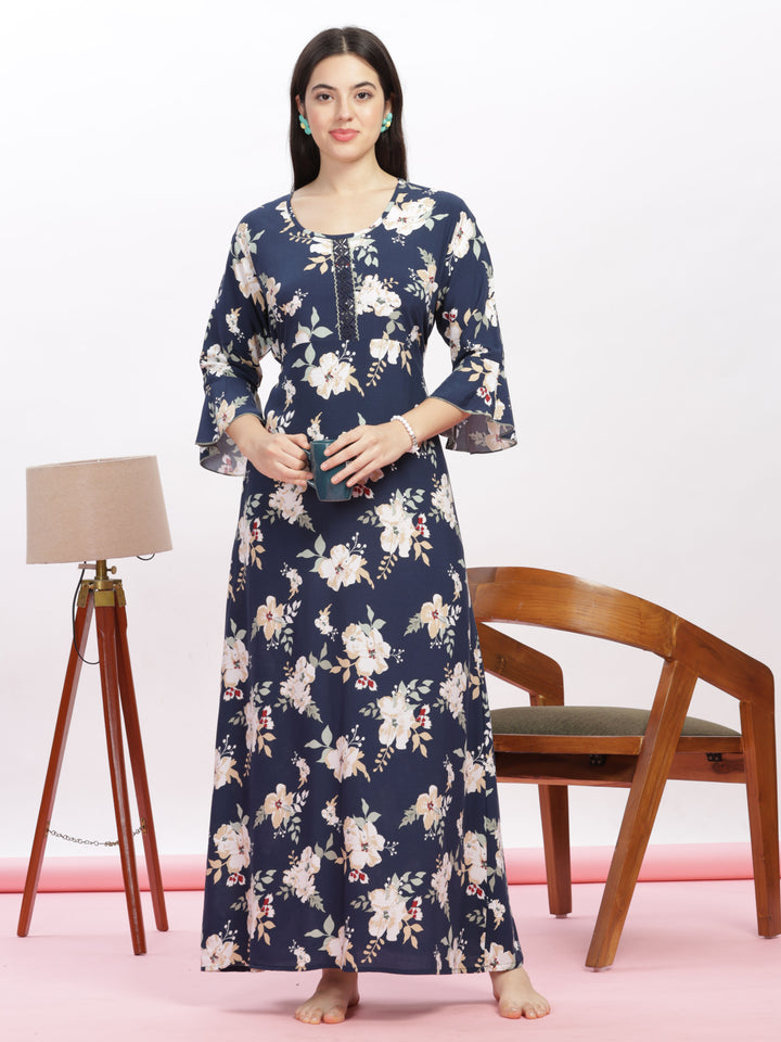 Navy Blue Floral Rayon Nighty Elegant Women's Nightwear