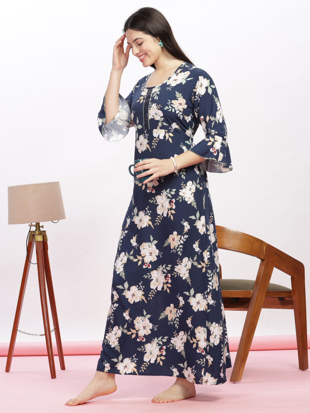 Navy Blue Floral Rayon Nighty Elegant Women's Nightwear