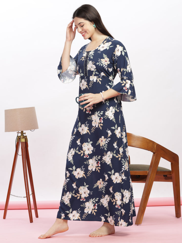 Navy Blue Floral Rayon Nighty Elegant Women's Nightwear