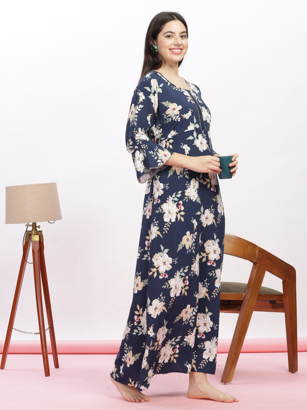 Navy Blue Floral Rayon Nighty Elegant Women's Nightwear