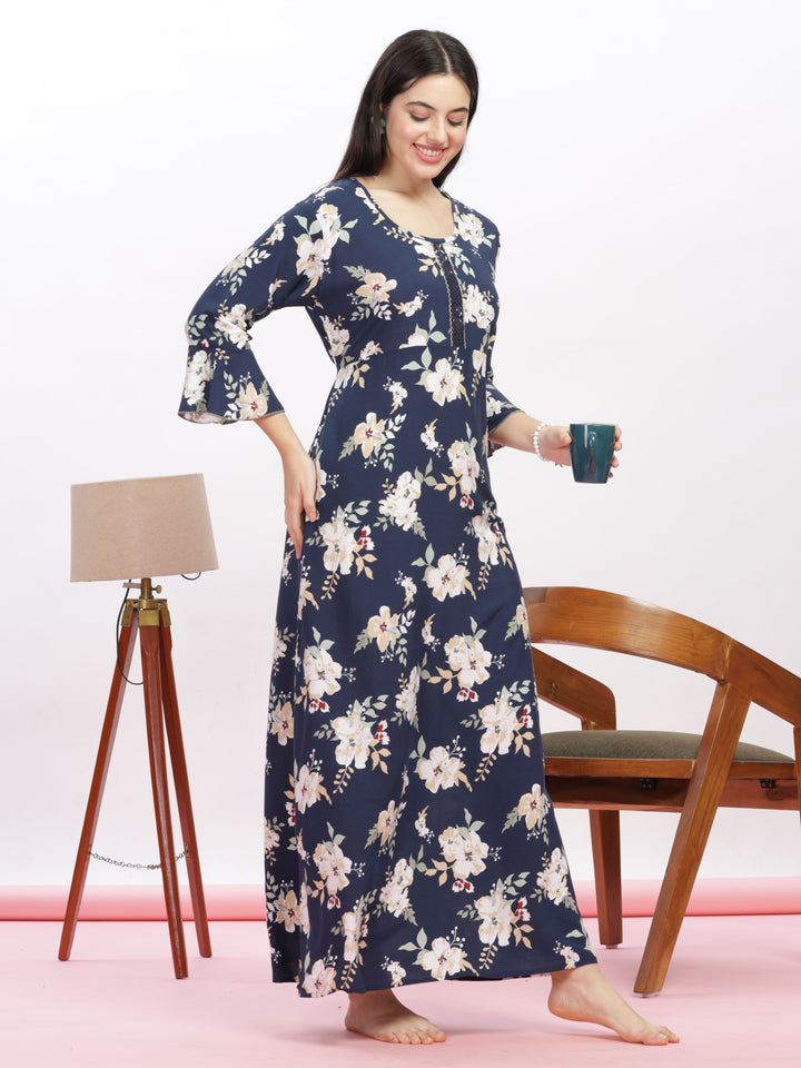 Navy Blue Floral Rayon Nighty Elegant Women's Nightwear