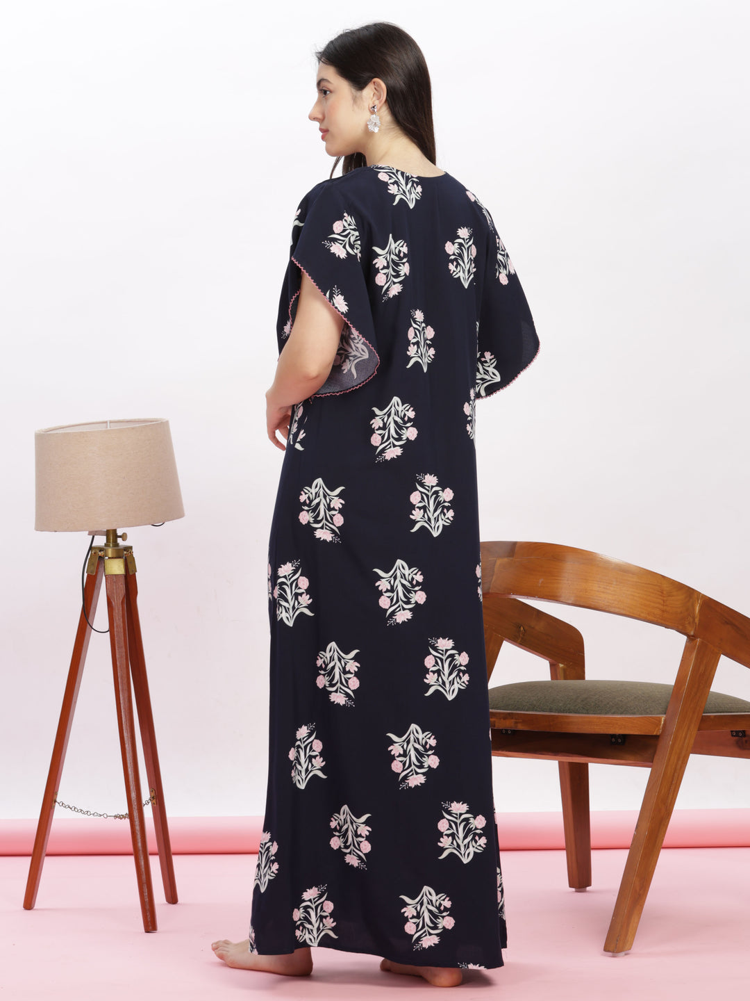 Dark Blue Rayon Designer Nighty | Floral Print Kaftan Sleeves Maxi Gown