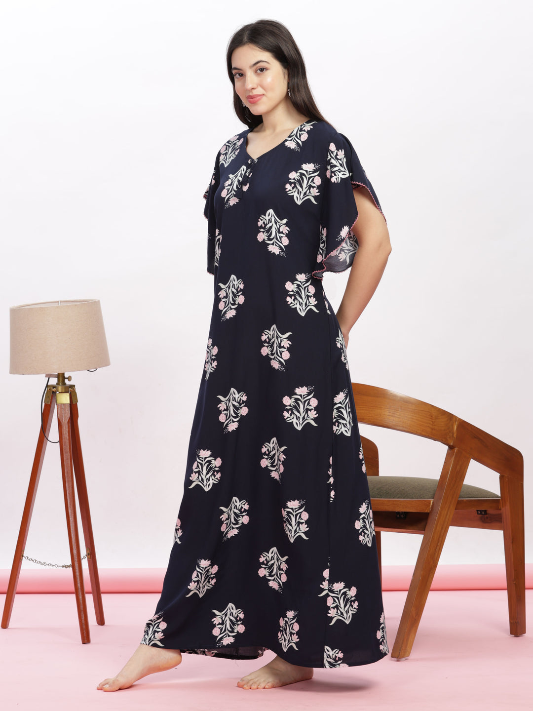 Dark Blue Rayon Designer Nighty | Floral Print Kaftan Sleeves Maxi Gown