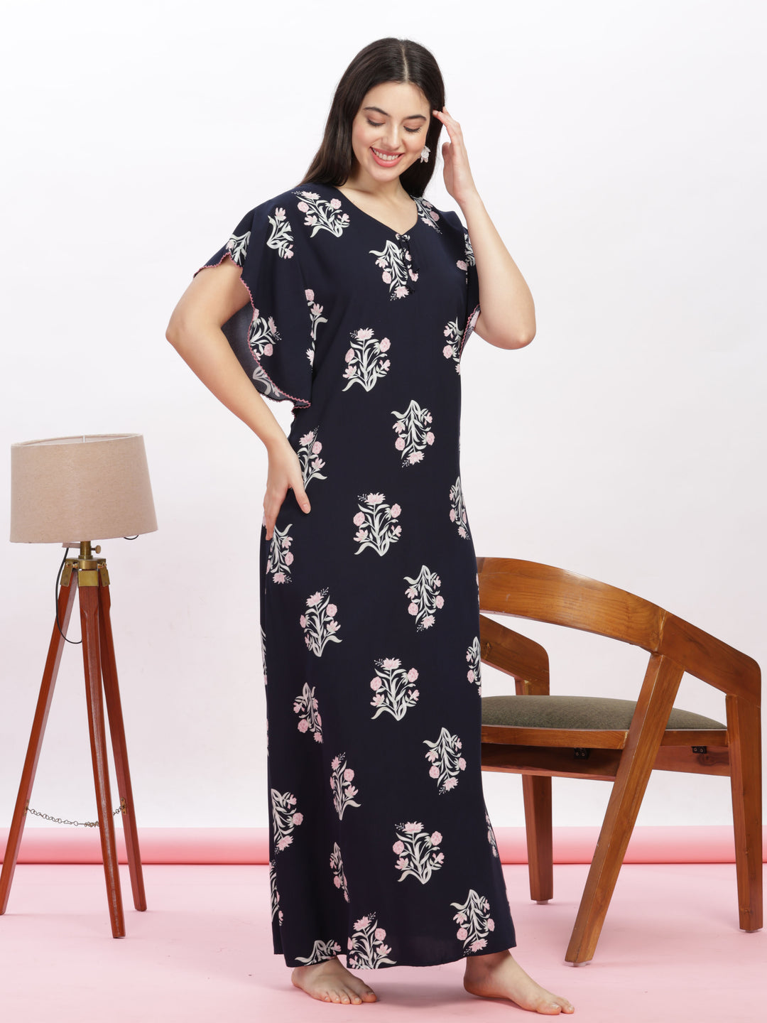 Dark Blue Rayon Designer Nighty | Floral Print Kaftan Sleeves Maxi Gown