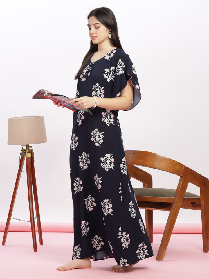 Dark Blue Rayon Designer Nighty | Floral Print Kaftan Sleeves Maxi Gown