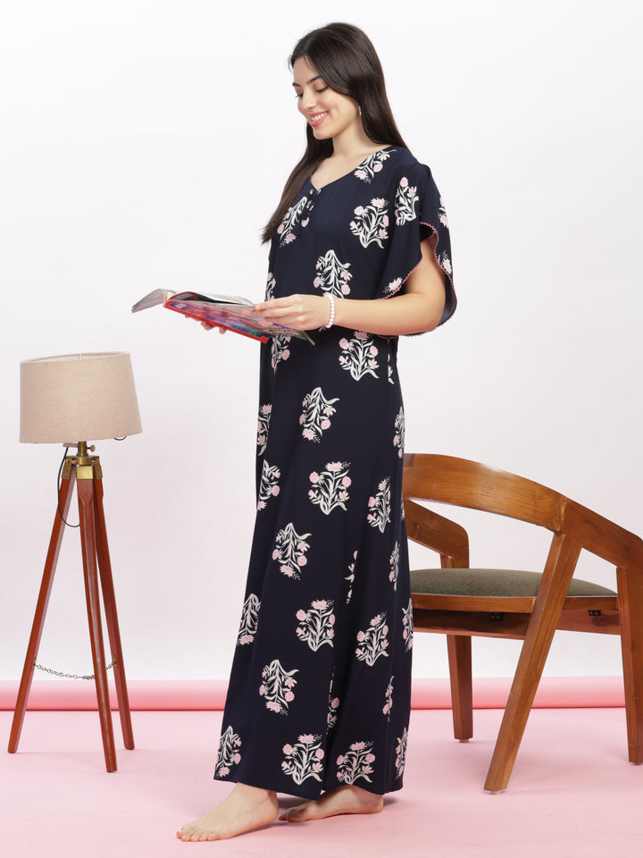 Dark Blue Rayon Designer Nighty | Floral Print Kaftan Sleeves Maxi Gown