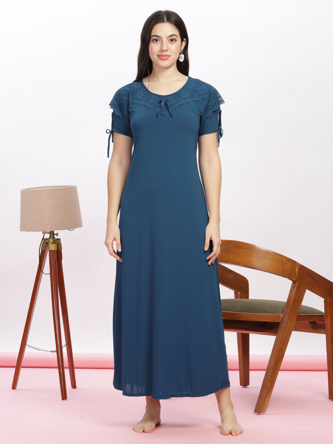 Stylish Blue Malai Modal Designer Nighty with Feminine Lace Accents