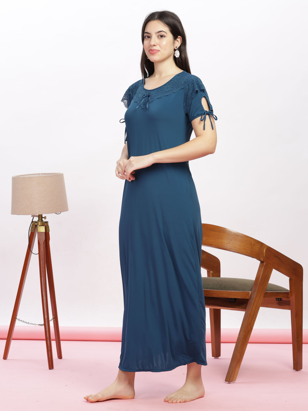 Stylish Blue Malai Modal Designer Nighty with Feminine Lace Accents