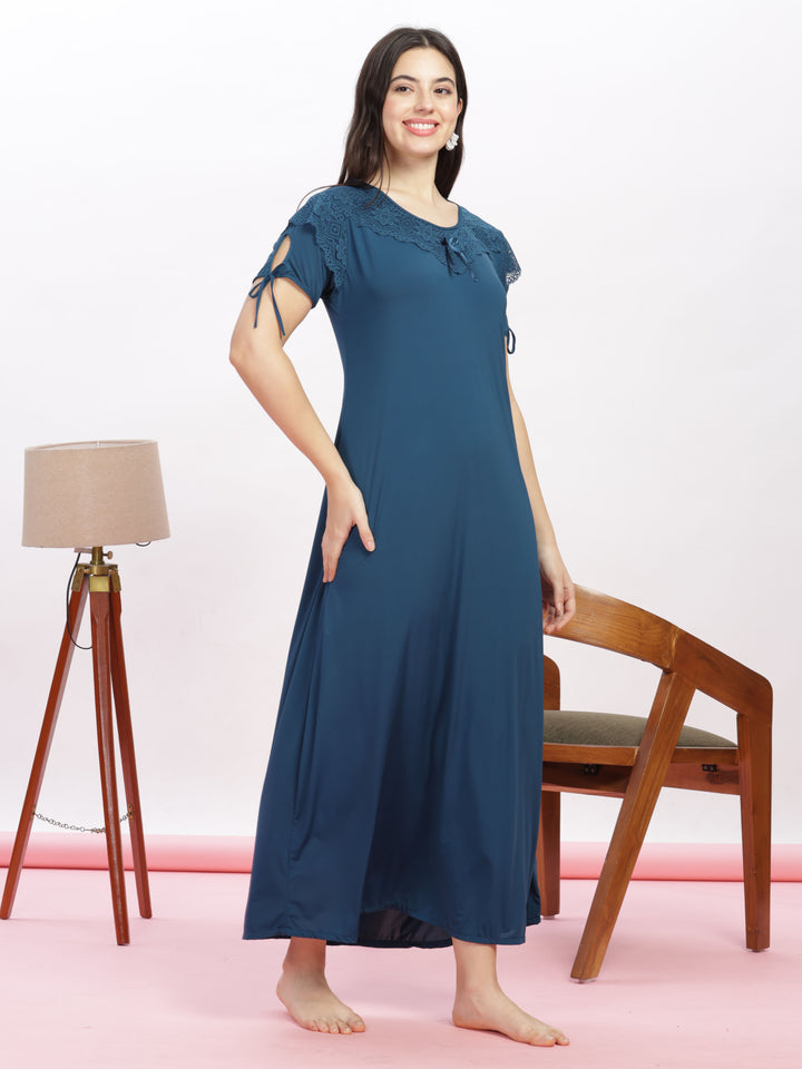 Stylish Blue Malai Modal Designer Nighty with Feminine Lace Accents