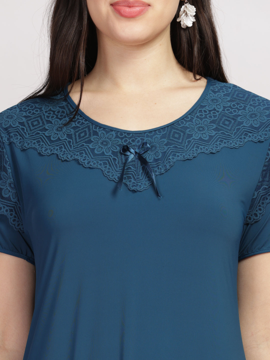 Stylish Blue Malai Modal Designer Nighty with Feminine Lace Accents