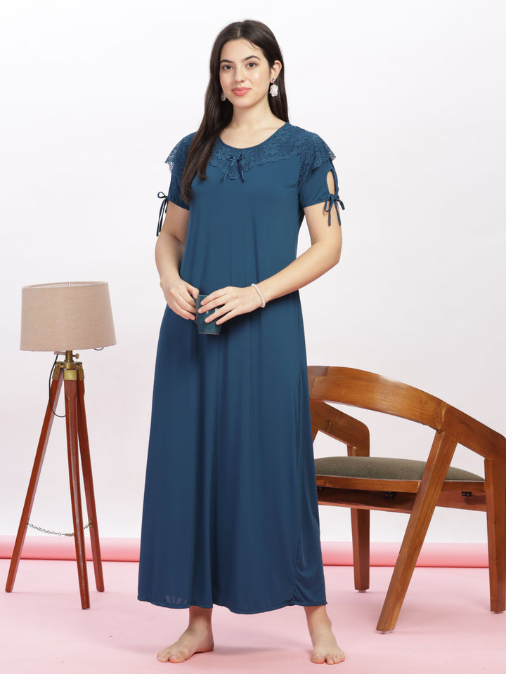 Stylish Blue Malai Modal Designer Nighty with Feminine Lace Accents