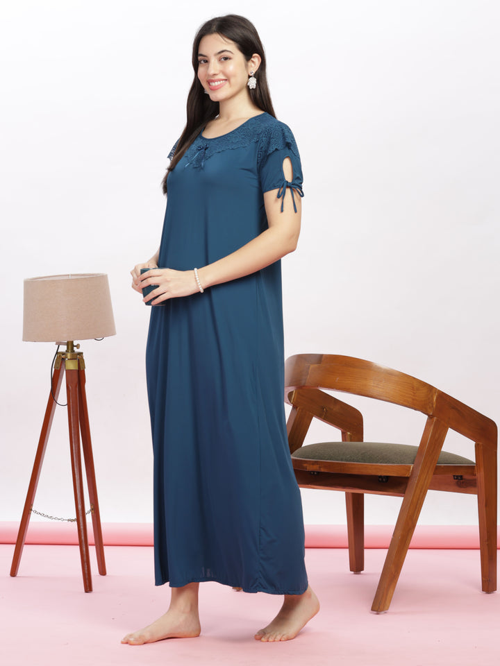 Stylish Blue Malai Modal Designer Nighty with Feminine Lace Accents