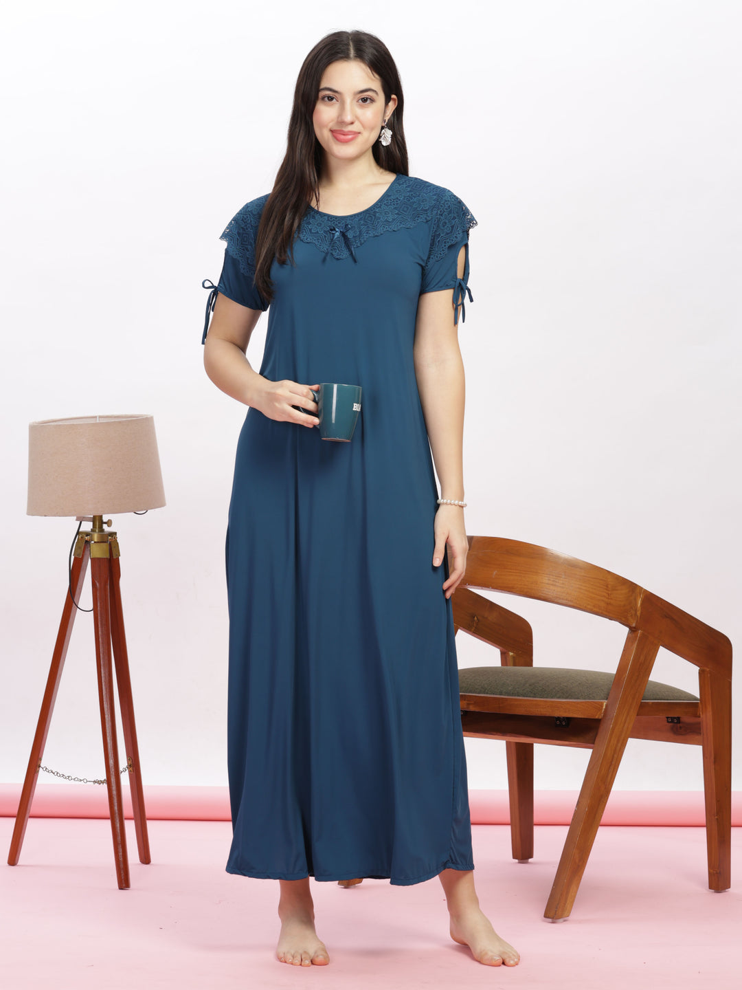 Stylish Blue Malai Modal Designer Nighty with Feminine Lace Accents