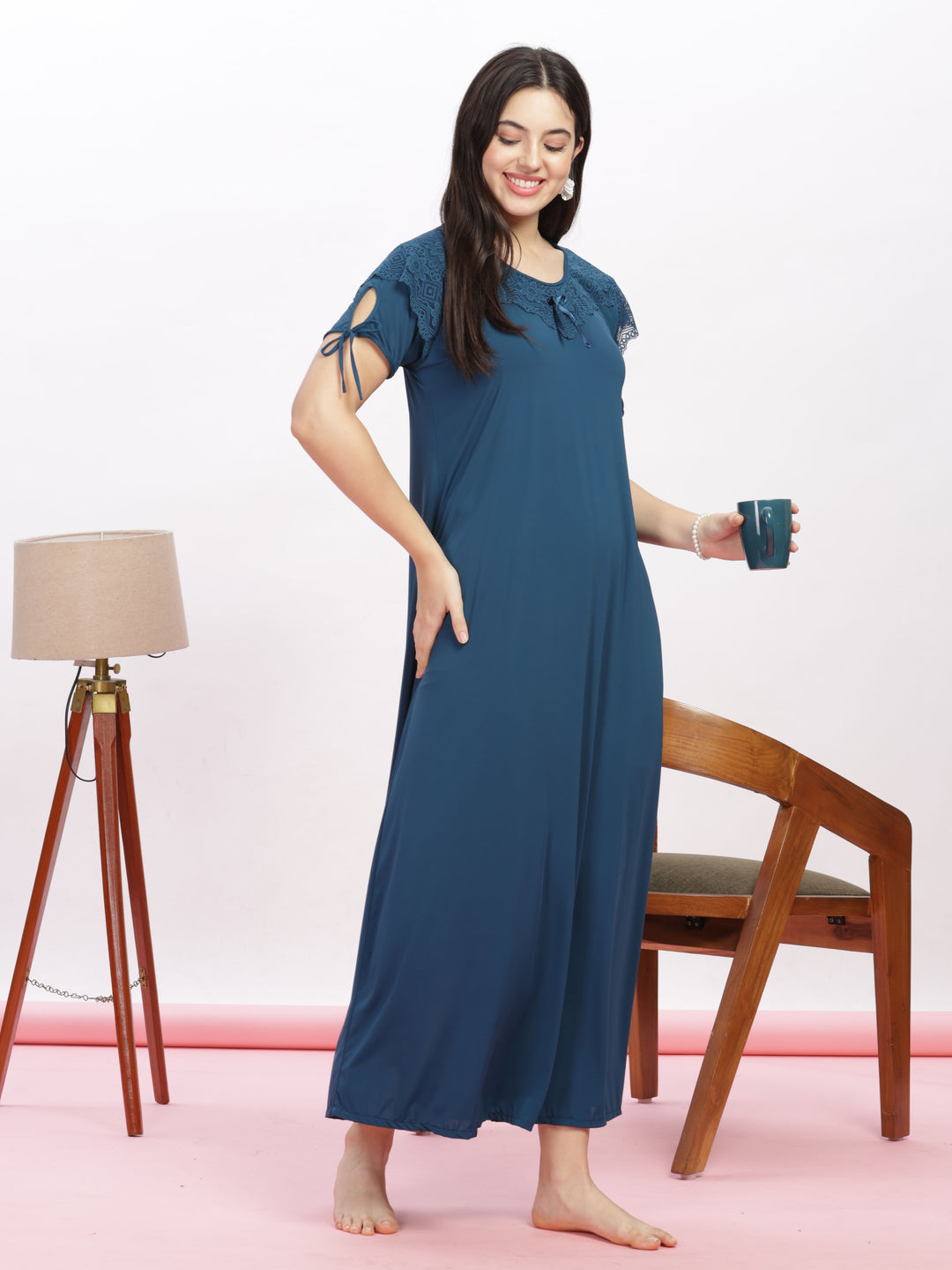 Stylish Blue Malai Modal Designer Nighty with Feminine Lace Accents