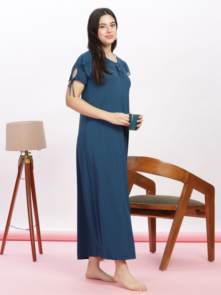 Stylish Blue Malai Modal Designer Nighty with Feminine Lace Accents