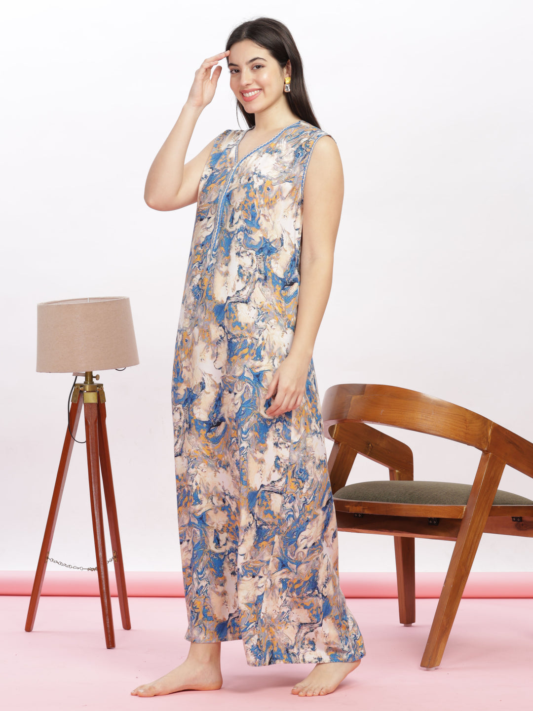 Blue Marble Rayon Maxi Nighty - Cozy Sleeveless Nightwear for Women