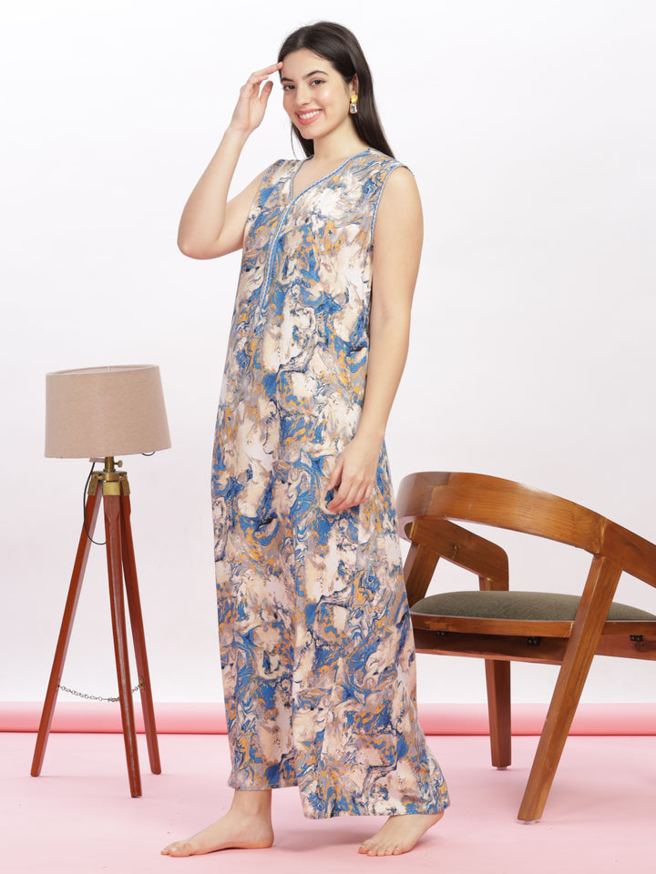 Blue Marble Rayon Maxi Nighty - Cozy Sleeveless Nightwear for Women