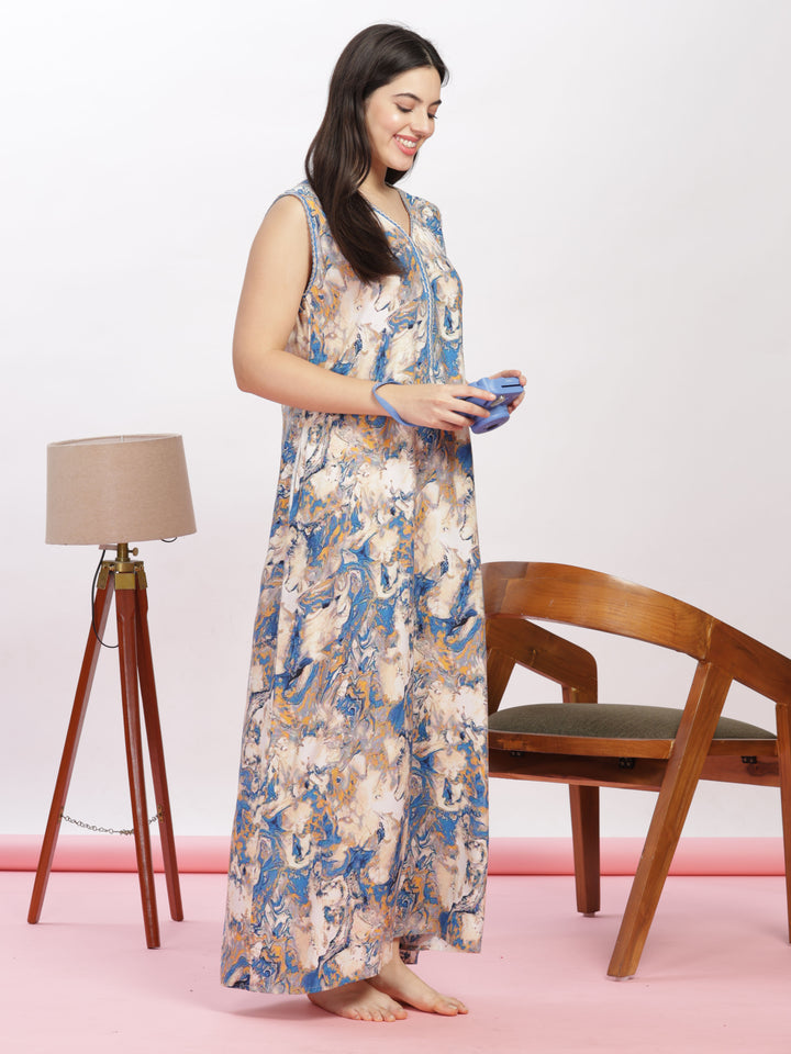 Blue Marble Rayon Maxi Nighty - Cozy Sleeveless Nightwear for Women