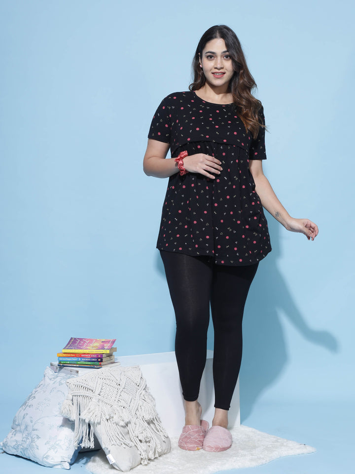  Maternity Top  Hosiery Cotton Maternity Feeding Top | Black Short Nighty- 9shines label 