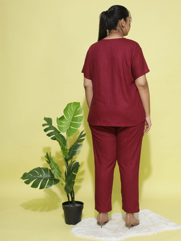  Co-ord sets  stylish co ords - Buy Linen Round Neck Co-ord Sets Maroon- 9shines label 