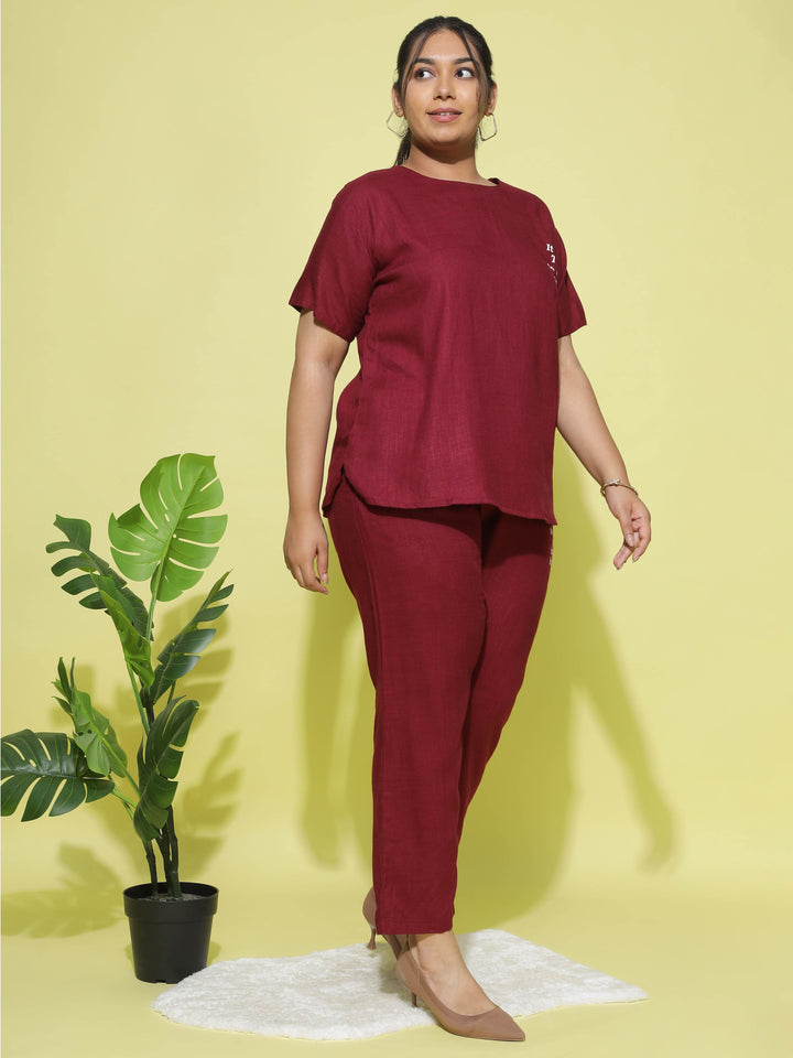  Co-ord sets  stylish co ords - Buy Linen Round Neck Co-ord Sets Maroon- 9shines label 