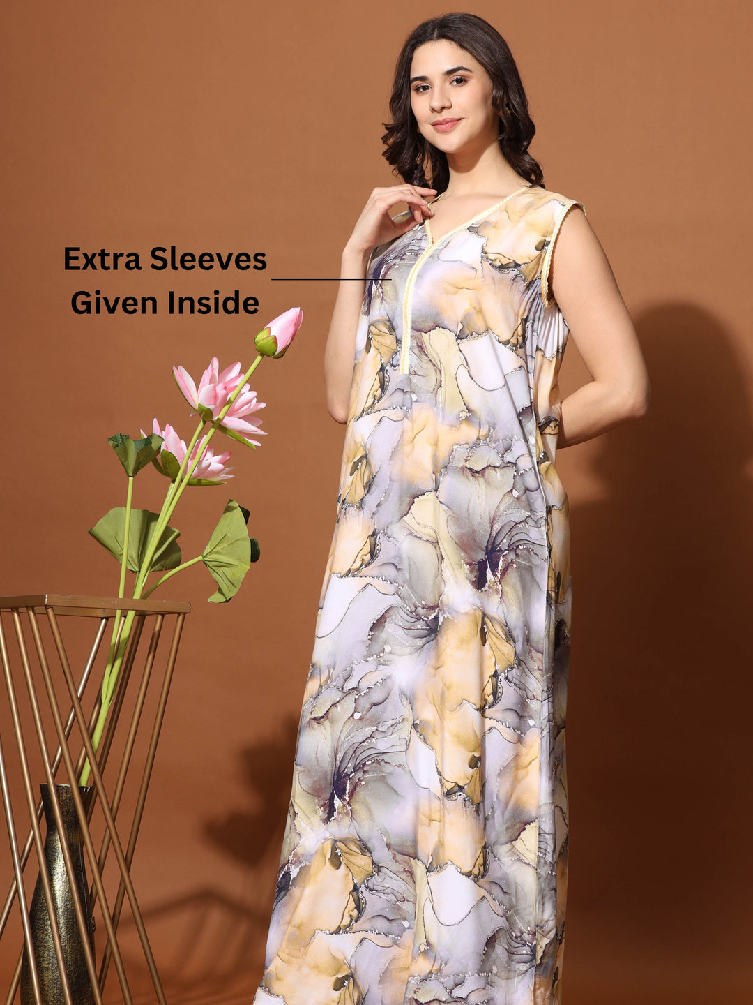  Rayon Designer Nighty  Sleep in Serenity:Sleeveless Rayon Nighty | Add on Sleeves- 9shines label 