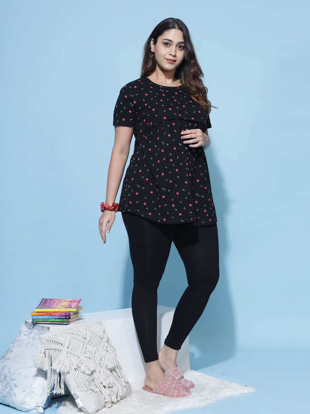  Maternity Top  Hosiery Cotton Maternity Feeding Top | Black Short Nighty- 9shines label 