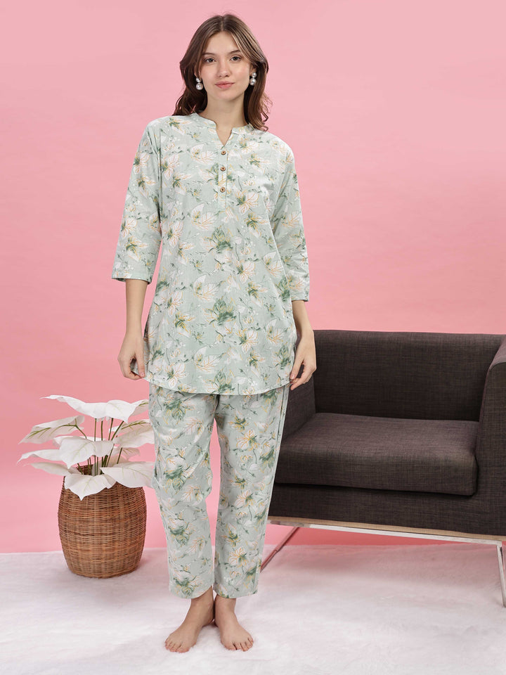 Pastel Green Cotton Pyjama Set for Women