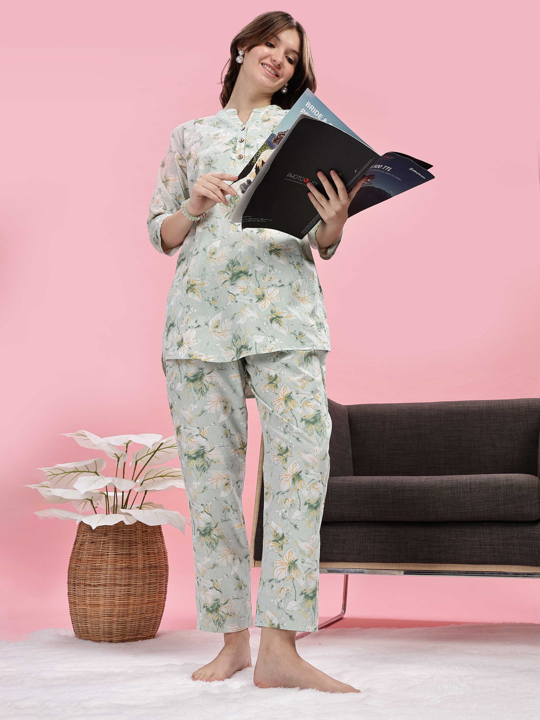 Pastel Green Cotton Pyjama Set for Women