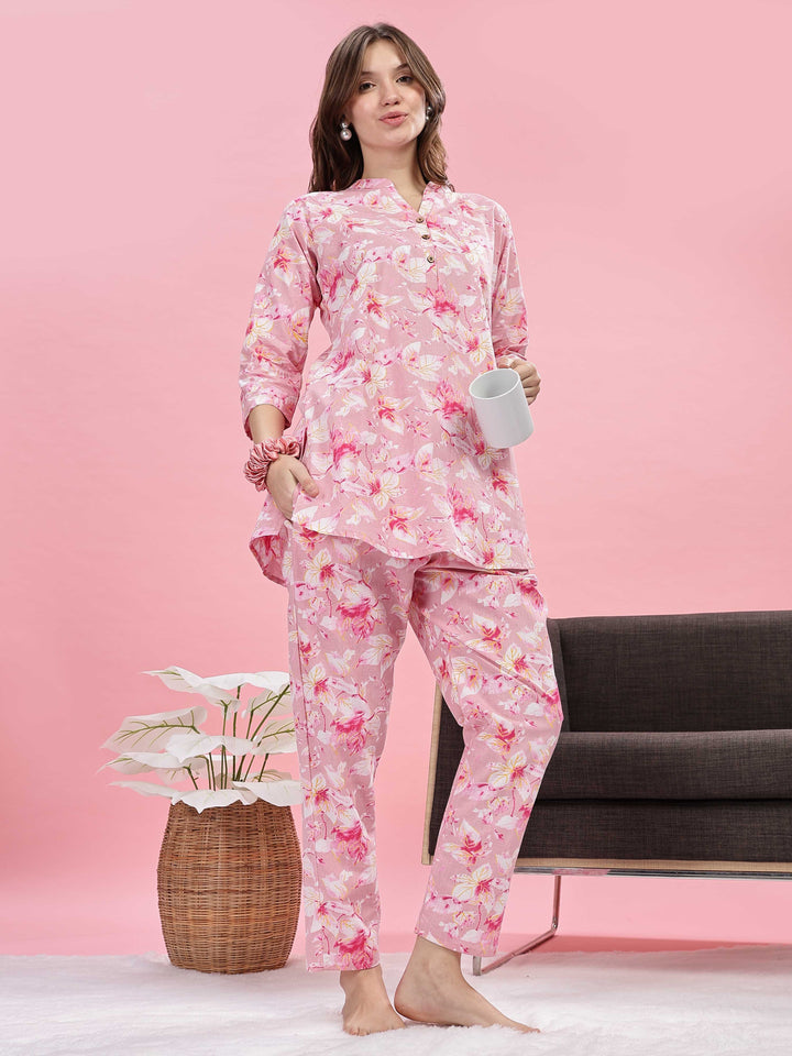 Soft Stylish Pink Cotton Pyjama Set for Women 