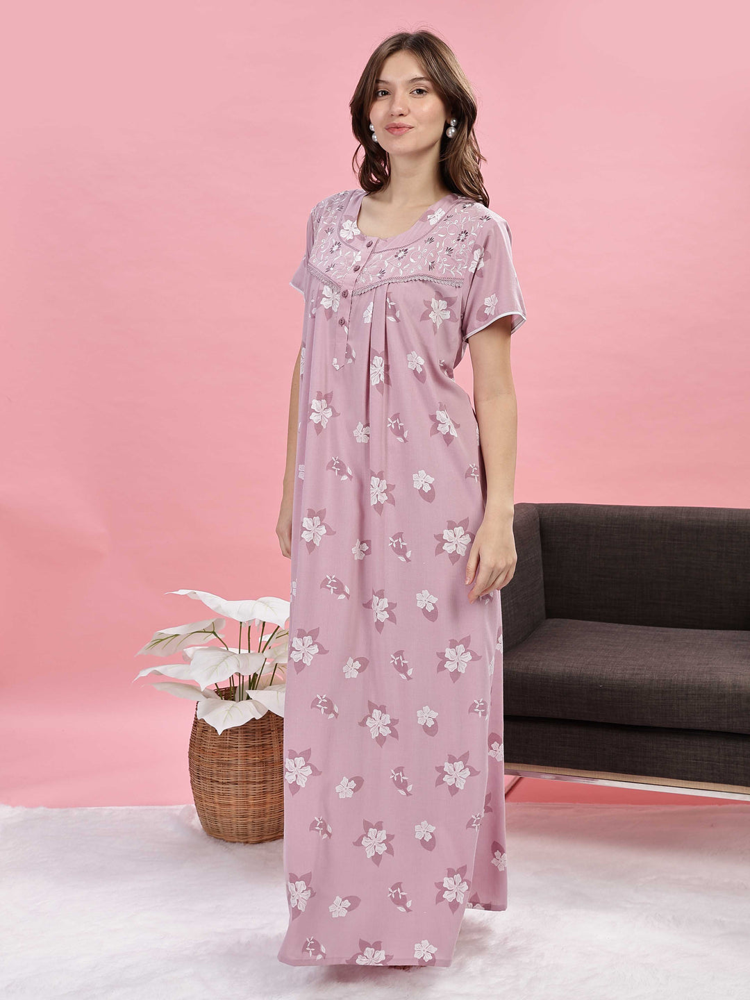 Lilac Floral Print Nighty with Button Placket and Comfortable Fit