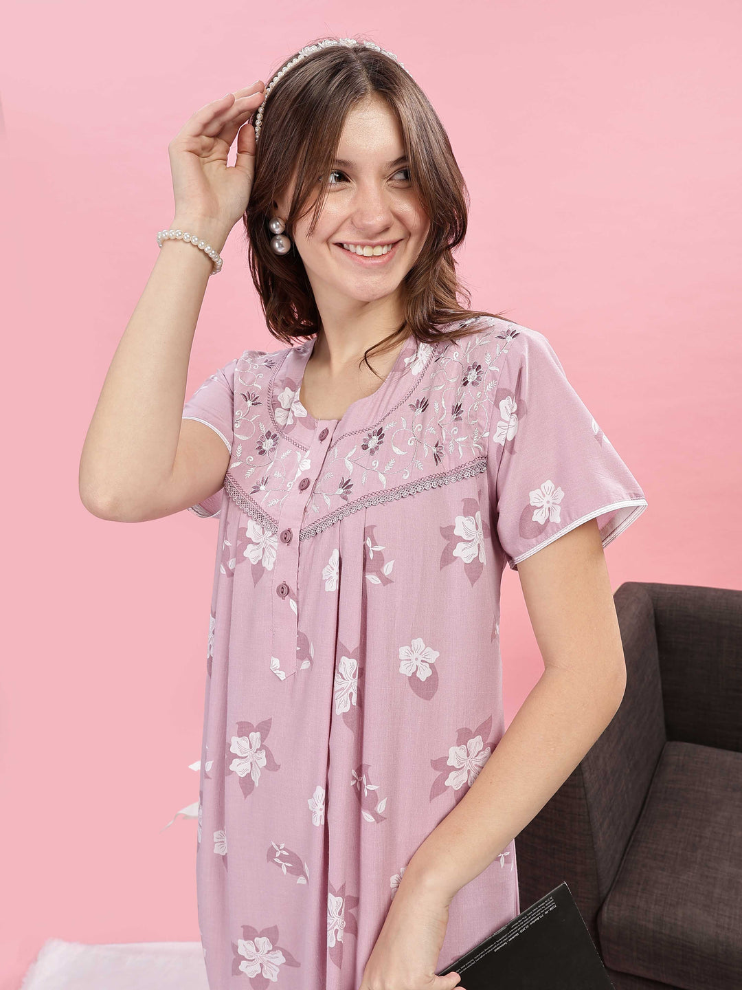 Lilac Floral Print Nighty with Button Placket and Comfortable Fit