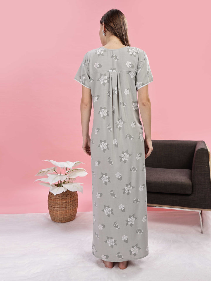 Light Green Designer Nighty with Elegant Embroidery and Floral Prints