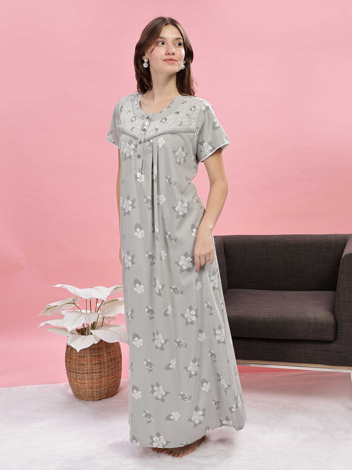 Light Green Designer Nighty with Elegant Embroidery and Floral Prints