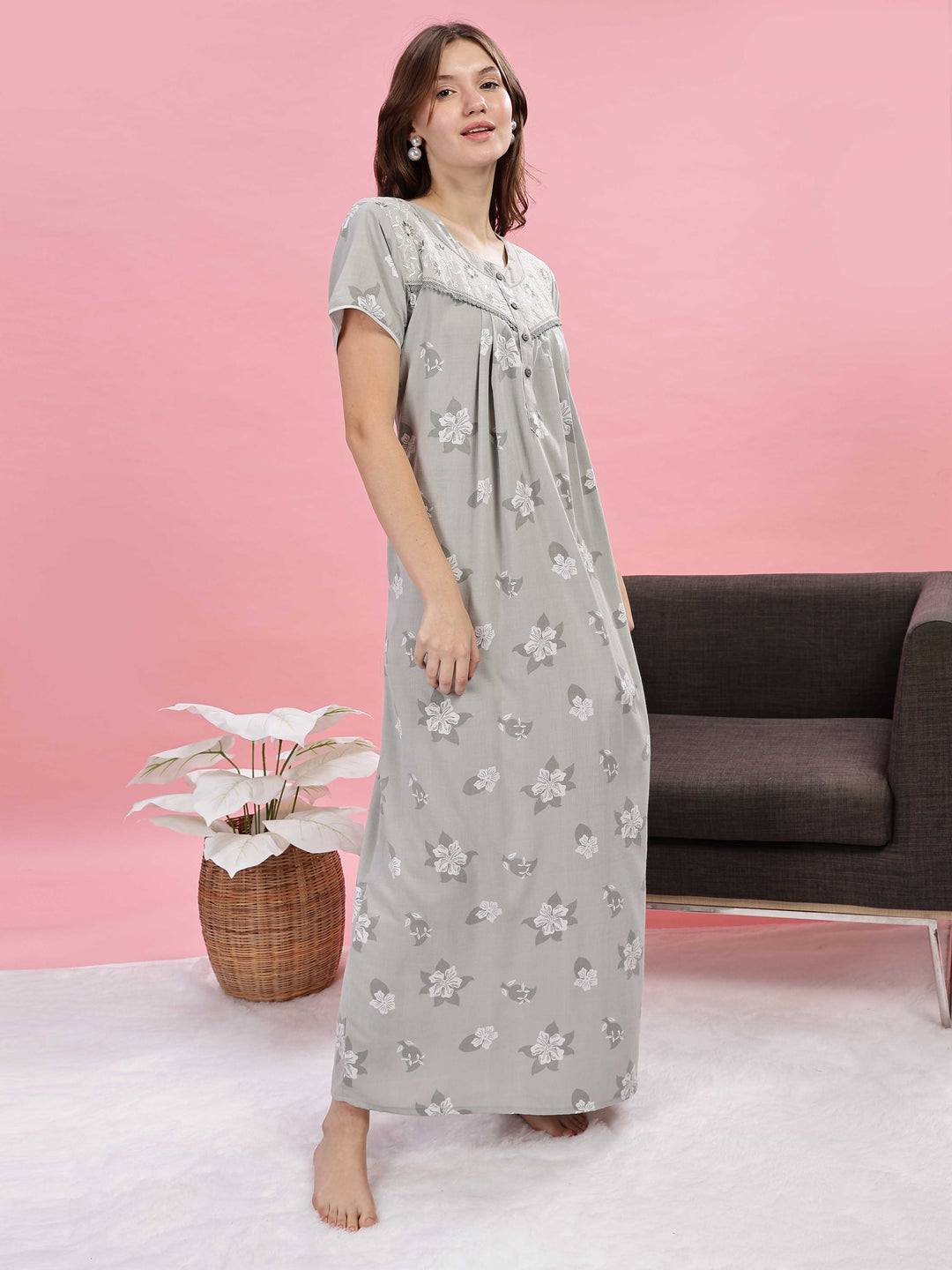 Light Green Designer Nighty with Elegant Embroidery and Floral Prints