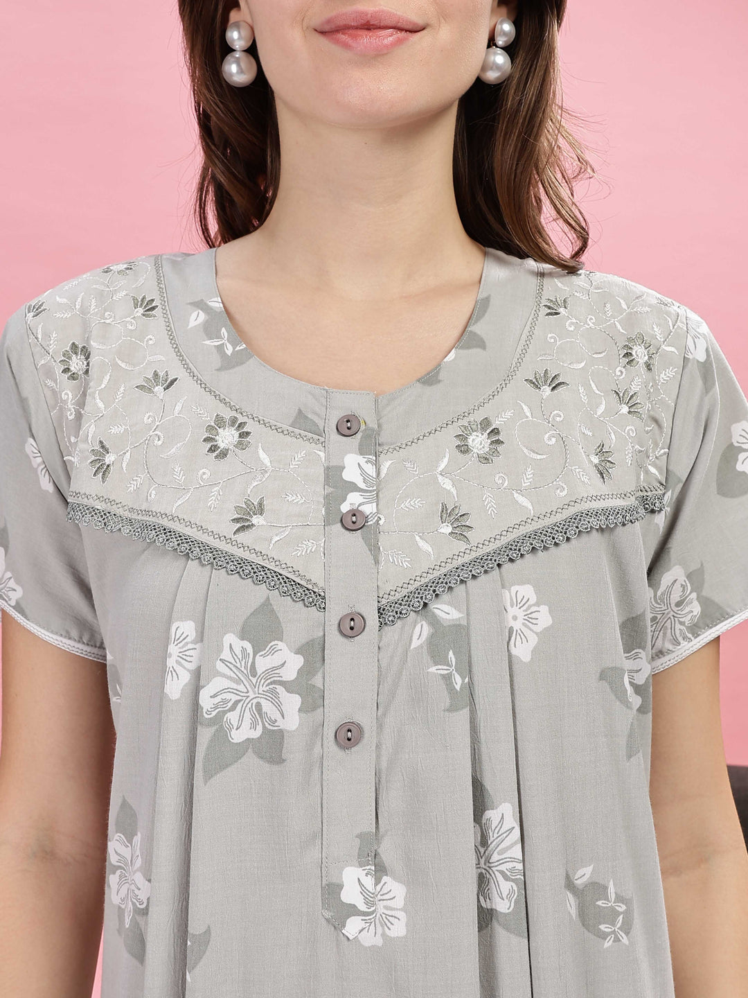 Light Green Designer Nighty with Elegant Embroidery and Floral Prints