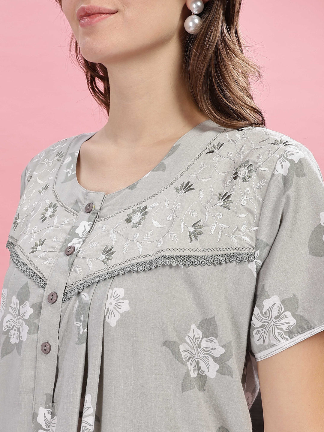 Light Green Designer Nighty with Elegant Embroidery and Floral Prints