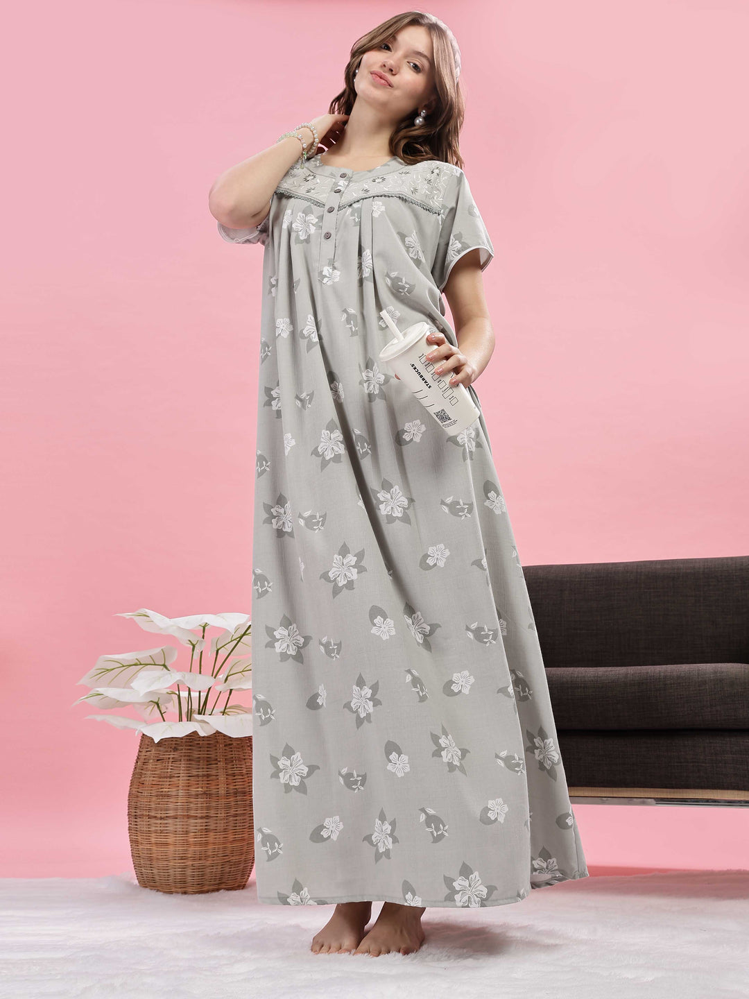 Light Green Designer Nighty with Elegant Embroidery and Floral Prints