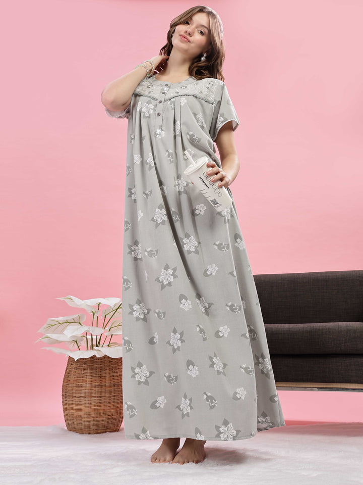 Light Green Designer Nighty with Elegant Embroidery and Floral Prints