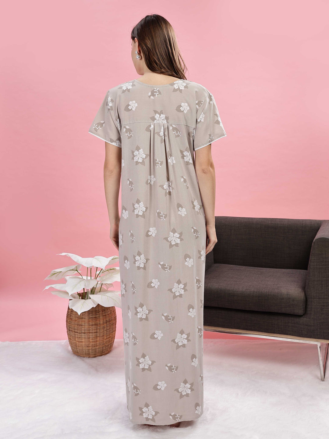 Beige Floral Maxi Nighty with Embroidered Yoke and Side Pocket