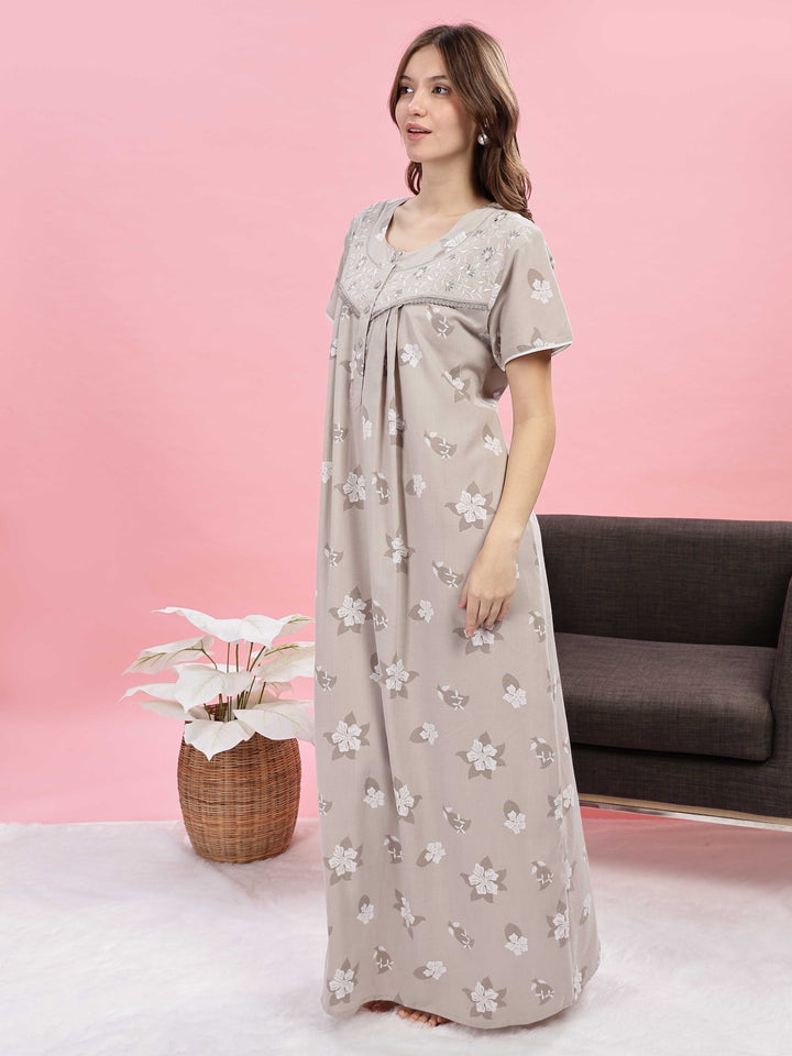 Beige Floral Maxi Nighty with Embroidered Yoke and Side Pocket