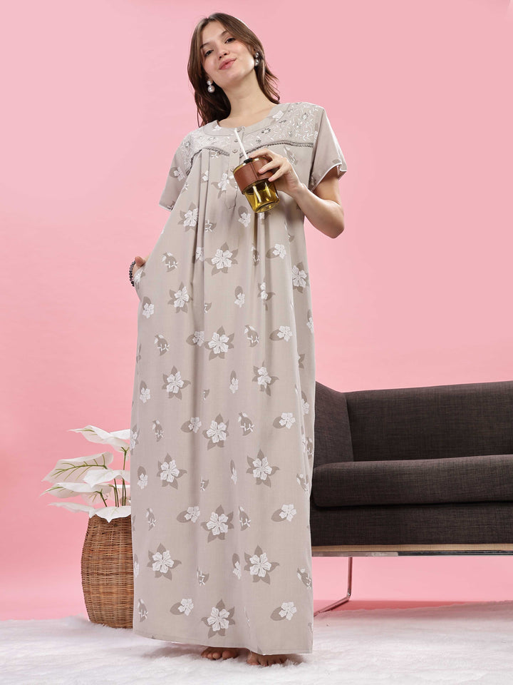 Beige Floral Maxi Nighty with Embroidered Yoke and Side Pocket