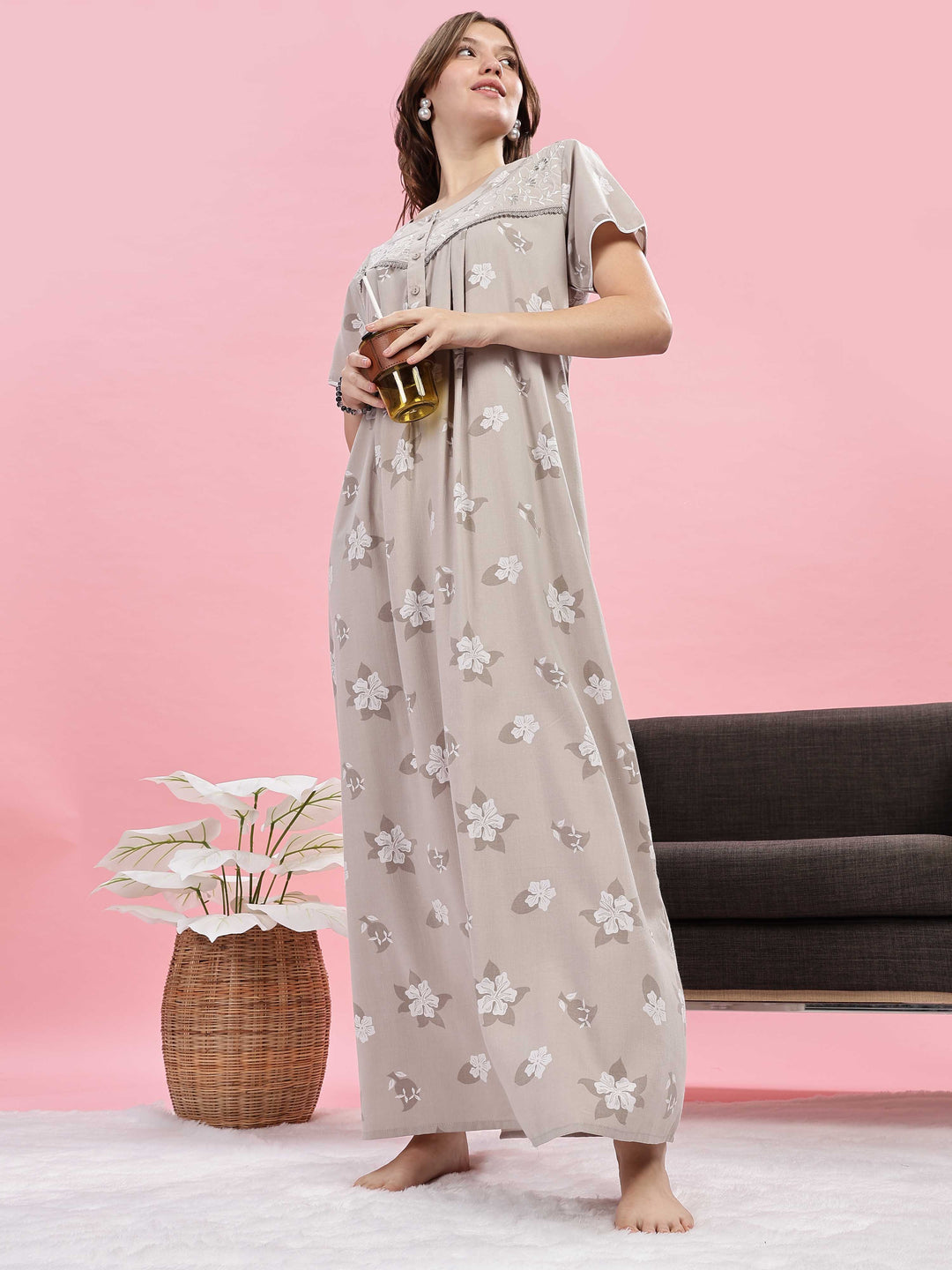 Beige Floral Maxi Nighty with Embroidered Yoke and Side Pocket