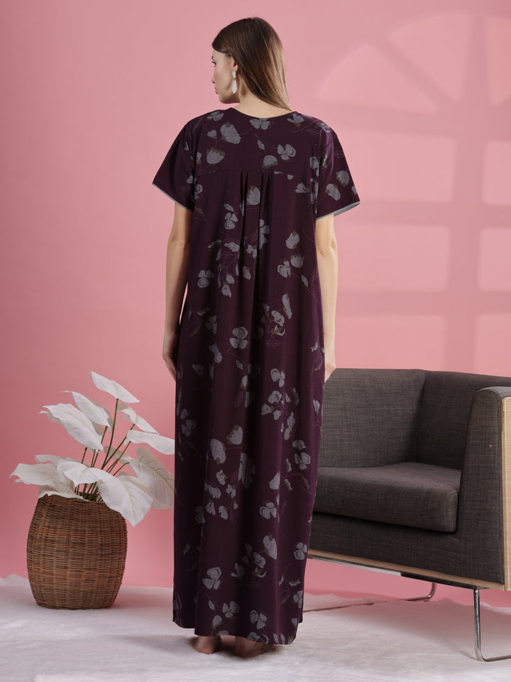 Wine Floral Cotton Maxi Nightdress with Embroidery & Pocket