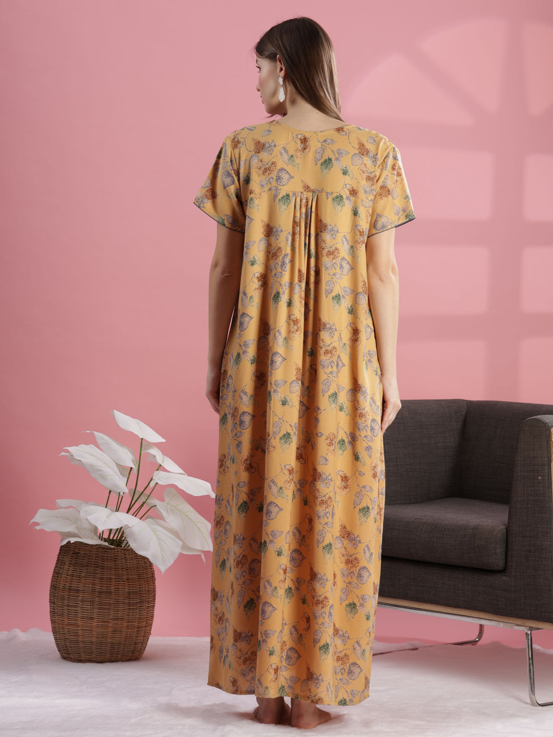 Mustard Yellow Designer Nighty with Embroidery and Pleated Design